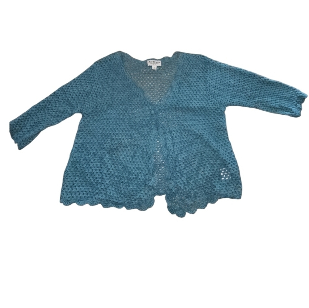 Crochet Linen Cardigan XL VTG Scalloped Norm Thompson Romantic Fairy Cottagecore